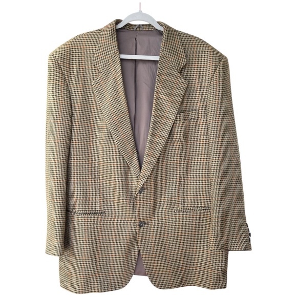 David G. Cotugno Mens 2 Button Silk Wool Blazer Jacket Beige Yellow Houndstooth - Picture 1 of 14